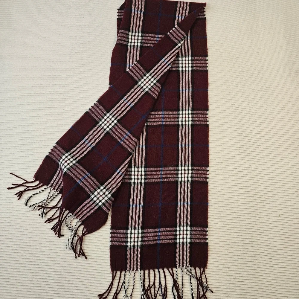 Eddie Bauer Burgundy Plaid Fringed Scarf Acrylic Checkered Wrap S01807